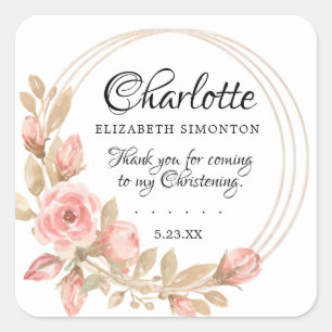 Sticker Carré Rose Floral Christening Personnalisé