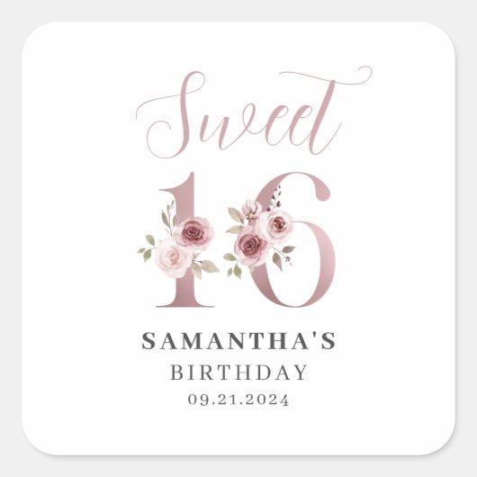 Sticker Carré Rose Floral Sweet 16 Anniversaire (Devant)