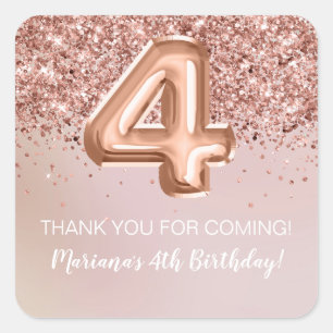 Sticker Carré Rose Gold 4th Birthday Party Favoriser