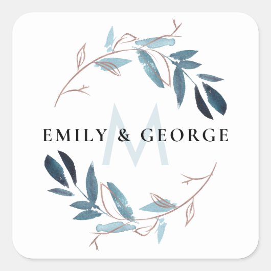 STICKER CARRÉ ROSE GOLD BLUE FOLIAGE MONOGRAM WREATT MARIAGE (Devant)