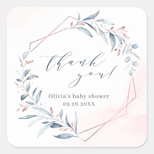 Sticker Carré Rose Gold Blue Greenery Baby Shower (Devant)