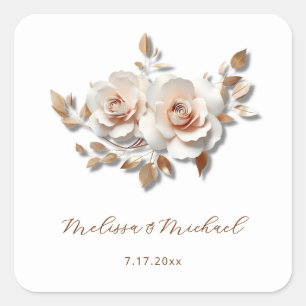 Sticker Carré Rose Gold Blush Rose 3D Votre Noms Mariage