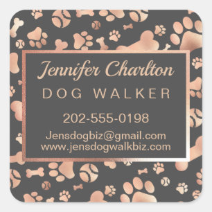 Sticker Carré Rose Gold Dog Walker Pet Sitter Empreinte de patte