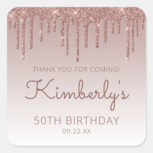 Sticker Carré Rose Gold Glitter Drip 50e Anniversaire Merci