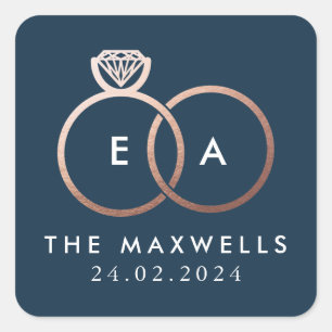 Sticker Carré Rose Gold Mariage anneau Monogramme Nom Date Marin