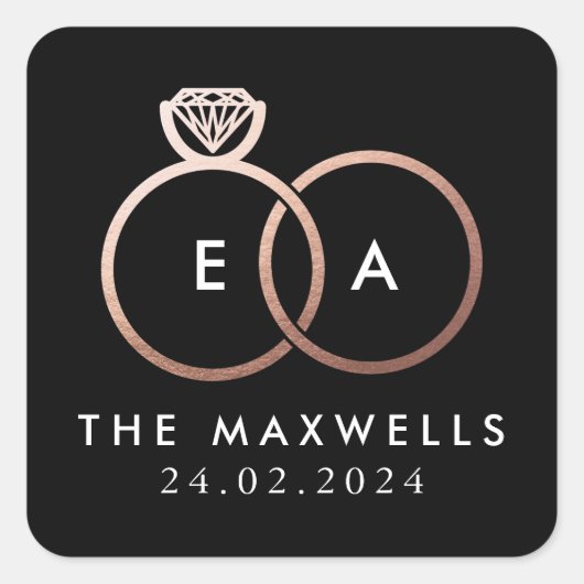 Sticker Carré Rose Gold Mariage anneau Monogramme Nom Date Noir (Devant)