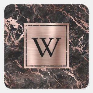 Sticker Carré Rose Gold Monogramme Marbre Noir Moderne