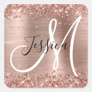 Sticker Carré Rose Gold Pailleté Monogramme Noir et Blanc