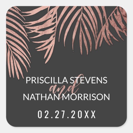 Sticker Carré Rose Gold Palm Tree Frances Noir moderne Mariage (Devant)