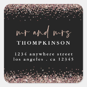 Sticker Carré Rose Gold Parties scintillant M. Mme Nom Adresse d