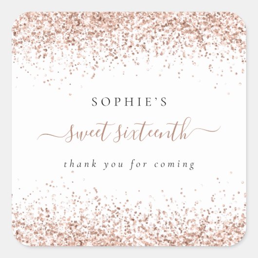 Sticker Carré Rose Gold Parties scintillant Nom Sweet 16 Anniver (Devant)