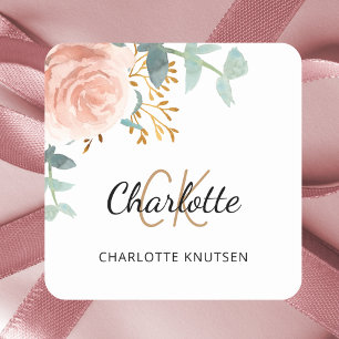 Sticker Carré Rose gold rose florale verdure monogramme