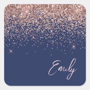 Sticker Carré Rose Gold Rose Pâle Bleu Marin Paillettes Nom