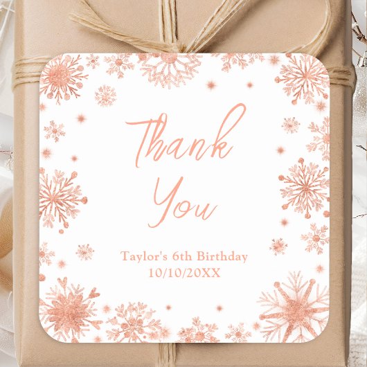 Sticker Carré Rose Gold Snowflakes Anniversaire Merci