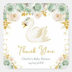 Sticker Carré Rose  Merci de Baby shower de Swan Sage Green