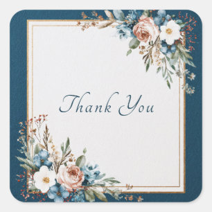 Sticker Carré Rose Navy Dusty Pink Bleu Floral Cadre Doré