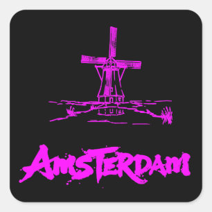 Sticker Carré Rose Néon Moulin à Vent Amsterdam Esquisse Moderne