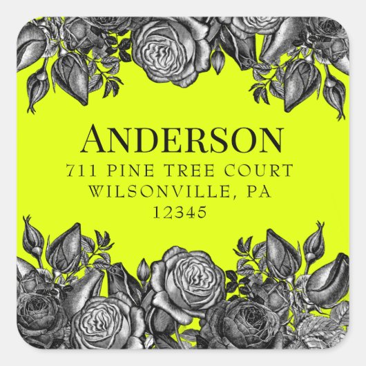 Sticker Carré Rose noir Lime Green Mariage Adresse de retour (Devant)