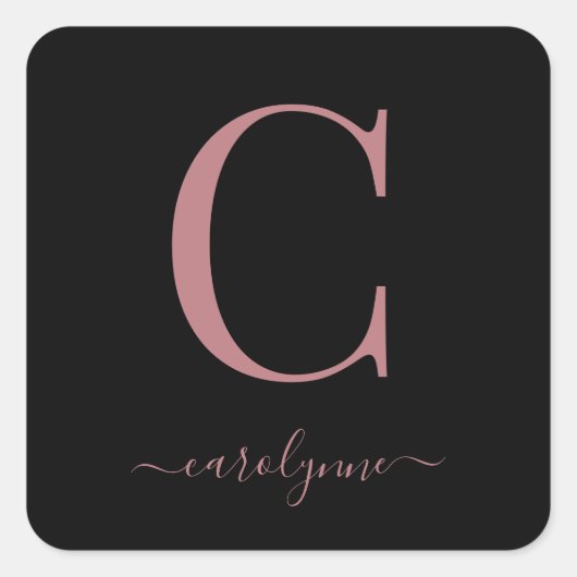 Sticker Carré Rose noir Monogramme or élégant Script (Devant)