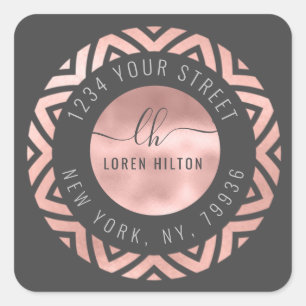 Sticker Carré Rose or cercle moderne monogramme retour adresse
