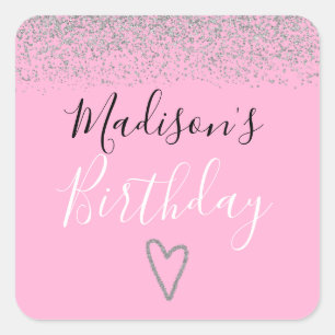 Sticker Carré Rose Pailleté Argent Anniversaire Fille