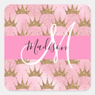 Sticker Carré Rose Pailleté & Couronnes Monogramme Or