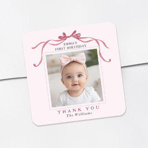 Sticker Carré Rose Pâle Rouge Nœud Naissance Remerciements