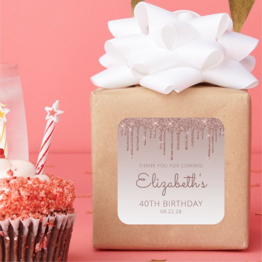 Sticker Carré Rose Parties scintillant or 40e anniversaire Merci (Fête)