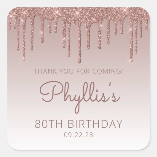 Sticker Carré Rose Parties scintillant or Drip 80e anniversaire  (Devant)