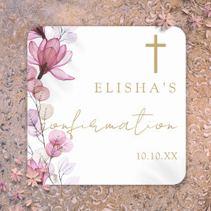 Sticker Carré Rose Poussiéreux Rose Élégant Floral Confirmation