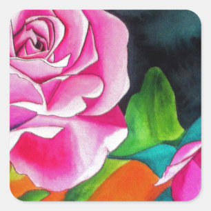 Sticker Carré Rose rose avec aquarelle orange