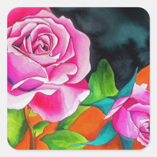 Sticker Carré Rose rose avec aquarelle orange (Devant)
