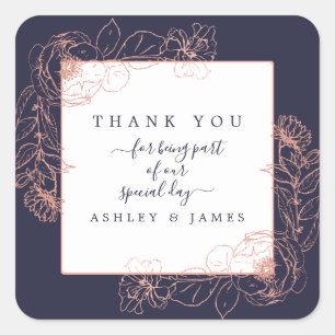 Sticker Carré Rose rose rose foncé or Mariage Merci