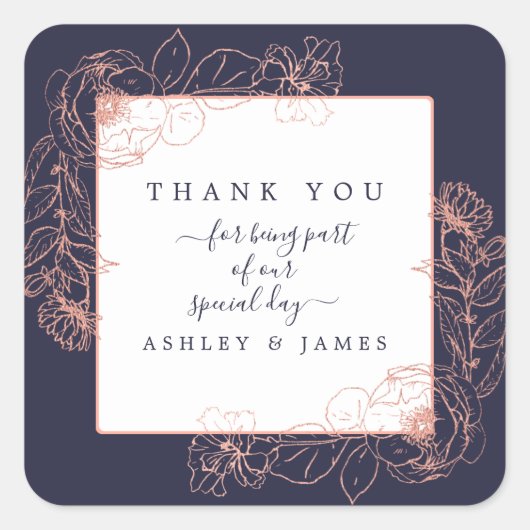Sticker Carré Rose rose rose foncé or Mariage Merci (Devant)