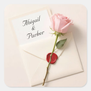 Sticker Carré Rose rose sur une invitation de mariage avec sceau