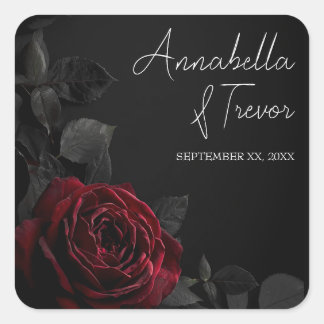 Sticker Carré Rose Rouge sur Fleurs Noires Moody Nom Personnalis