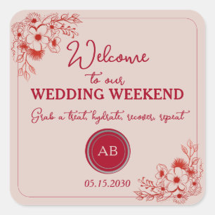 Sticker Carré Rose Rouge Weekend de mariage de bienvenue