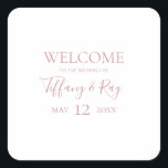 Sticker Carré Rose simple élégant Mariage or Bienvenue<br><div class="desc">Cet autocollant simple et élégant mariage d'or rose d'accueil carré est parfait pour votre mariage d'or rose minimaliste classique. Le design est composé d'une vintage classique minimaliste, d'une police d'or blush contemporaine et d'une calligraphie formelle romantique délicate. Il est parfait pour les mariages de luxe du printemps, de l'été, de...</div>