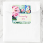 Sticker Carré rose vintage et papillon rose bleu (Sac)