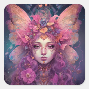 Sticker Carré Rose violet Fairy Queen Imaginaire Art