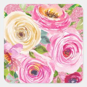 Sticker Carré Roses aquarelles en rose et crème avec paillettes 