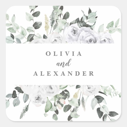 Sticker Carré Roses blanches et mariage floral vert (Devant)