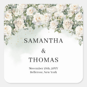 Sticker Carré Roses blanches romantiques Eucalyptus et mariage d