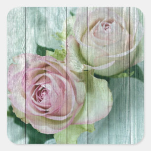 Sticker Carré Roses Chic Rose Shabby Sur Bois Bleu