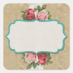 Sticker Carré Roses chic Shabby sur dentelle Vintage et Burlap r