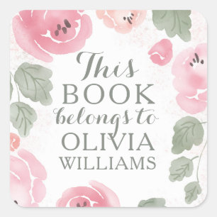 Sticker Carré Roses d'aquarelle rose Ce livre appartient à Stick