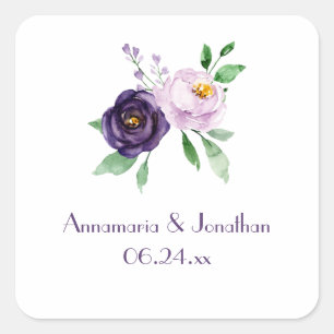 Sticker Carré Roses d'aquarelle violet et lavender Date Mariage