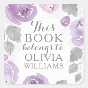Sticker Carré Roses d'aquarelle violette Ce livre fait partie de