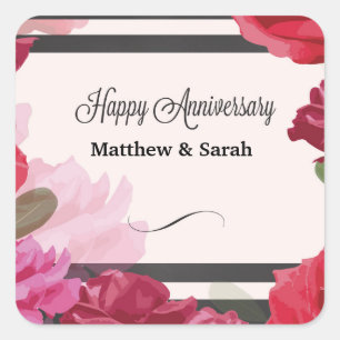 Sticker Carré Roses de l'anniversaire du mariage, bandes, noms p