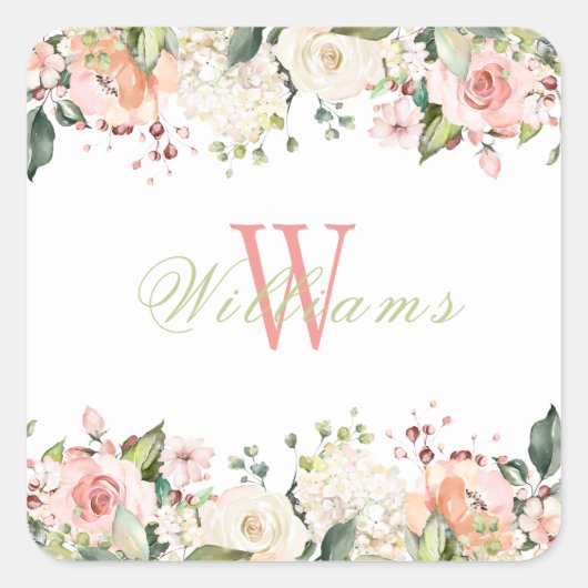 Sticker Carré Roses floraux rose Élégant Nom du monogramme (Devant)